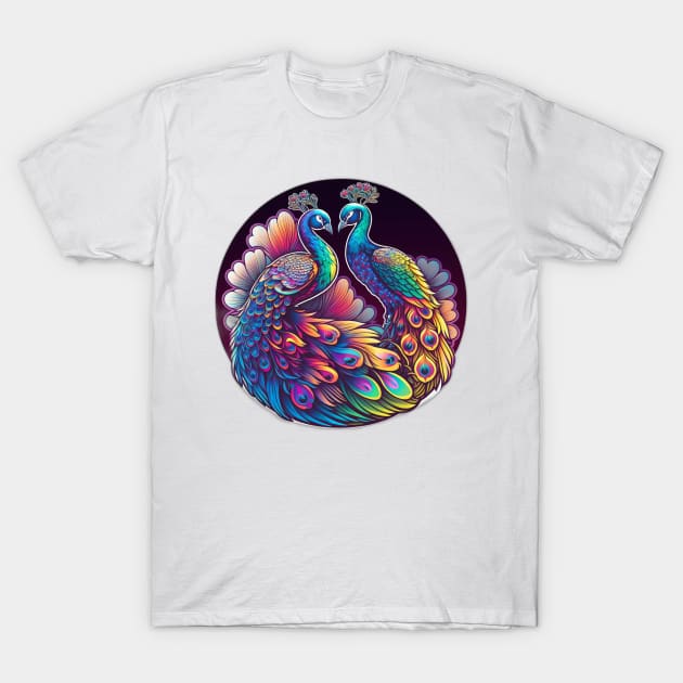 Majestic Colourful Peacocks Neon T-Shirt by Remix Rick